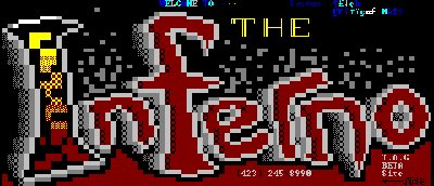 The Inferno BBS ANSI logo screen, red block letters on black, showing the number 423-245-8990