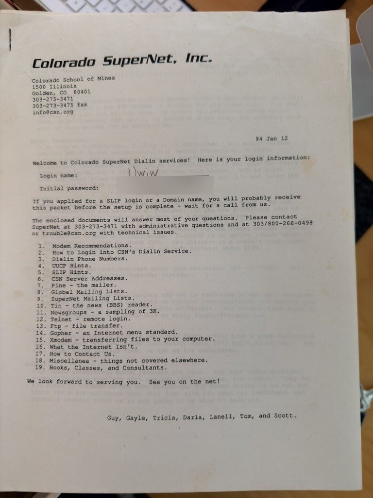Colorado SuperNet welcome letter dated January 12, 1994, with the dial-in login Uwiw