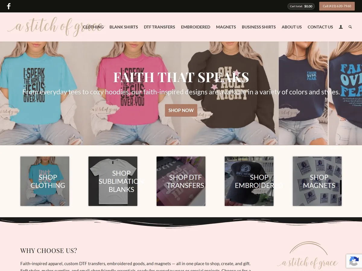 Screenshot of the A Stitch of Grace website homepage