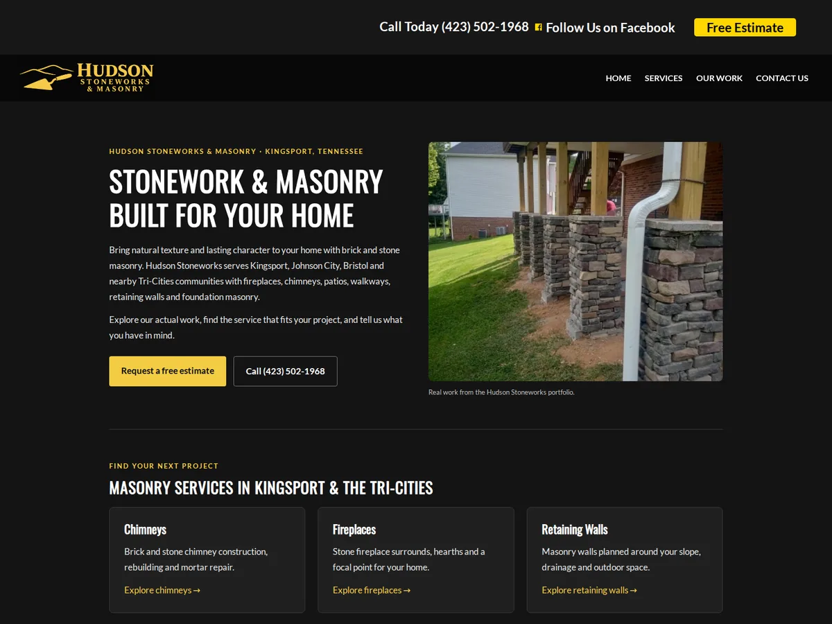 Screenshot of the Hudson Stoneworks & Masonry website homepage