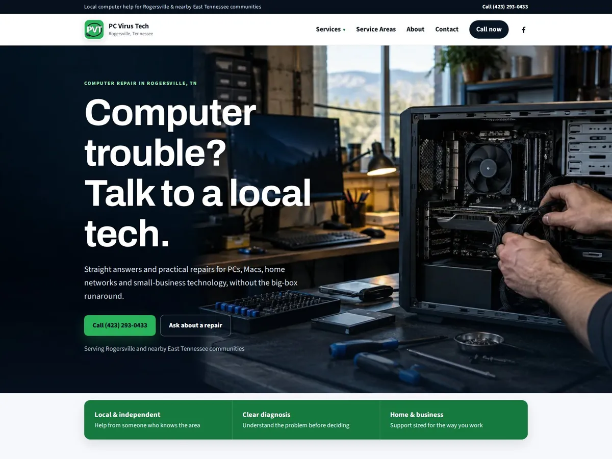 Screenshot of the PC Virus Tech website homepage