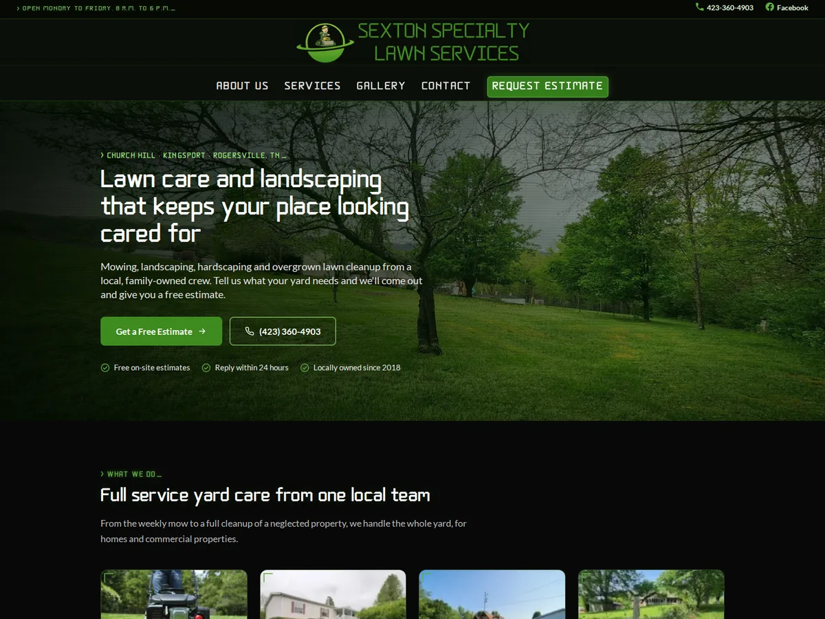 Screenshot of the Sexton Specialty Lawn Services website homepage
