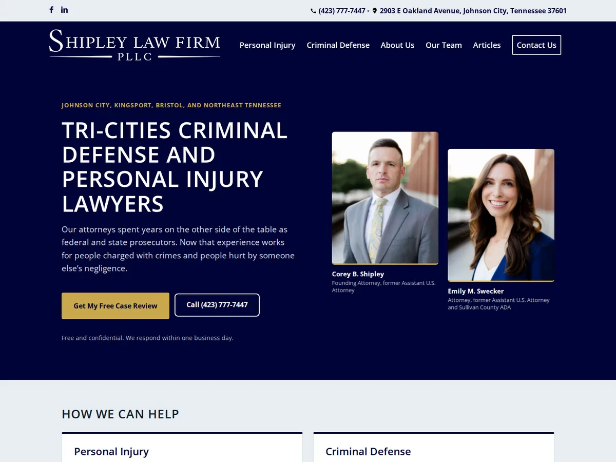 Screenshot of the Shipley Law Firm website homepage