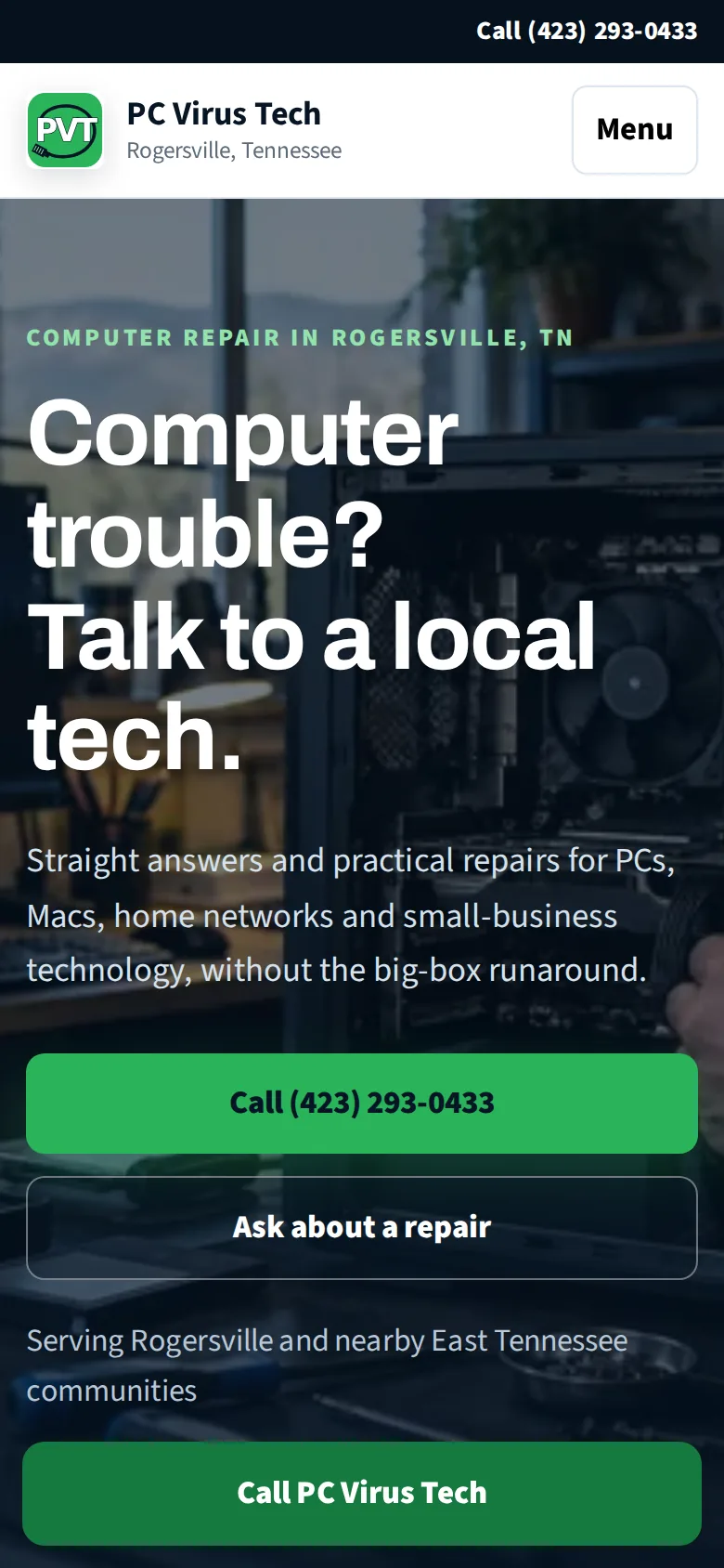 PC Virus Tech homepage on a phone