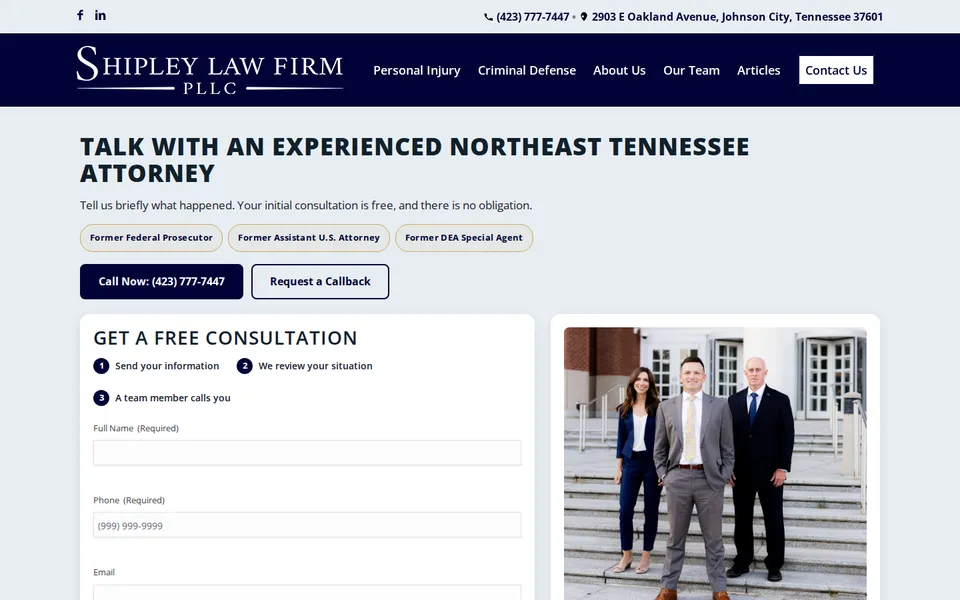 Shipley Law Firm contact page on desktop