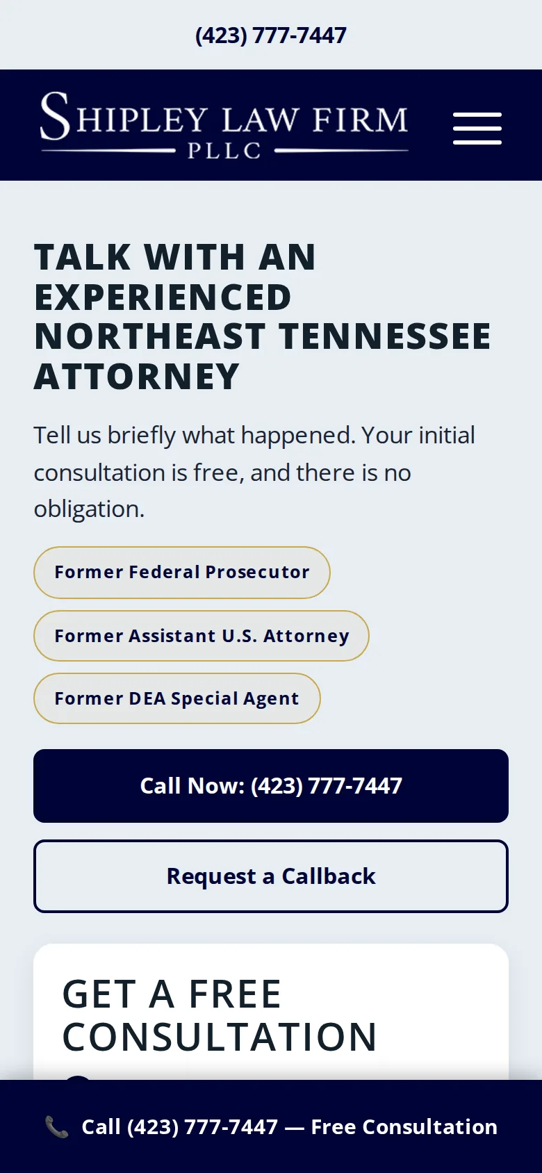 Shipley Law Firm contact page on a phone